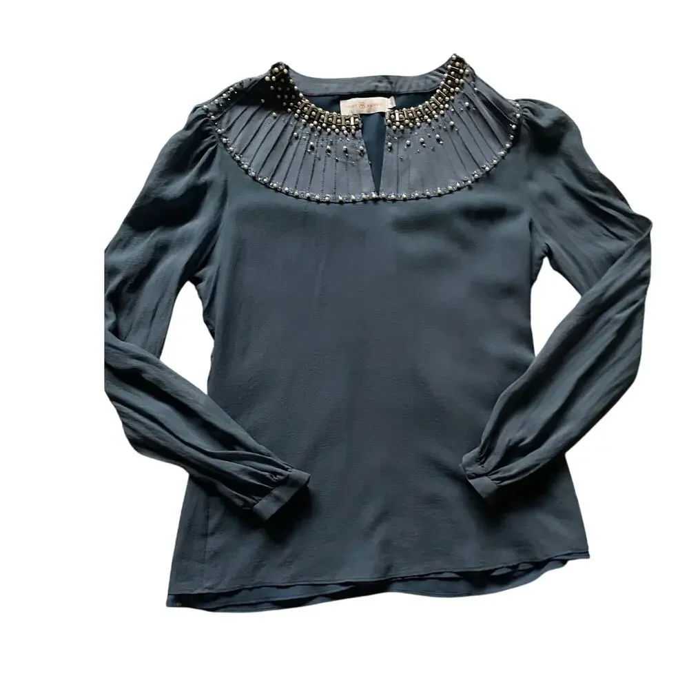 Tory Burch Silk Sheer Beaded/Pearl Top Slate Color Blue/grey Size 0 Classy Fem